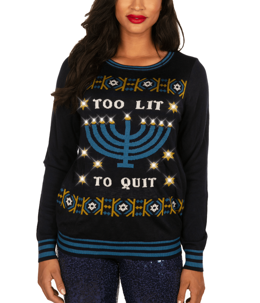 Women's Too Lit to Quit Light Up Ugly Hanukkah Sweater Image 4