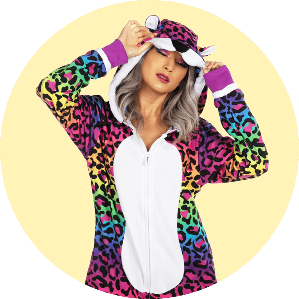 shop animal costumes - image of model wearing women's 90's leopard costume