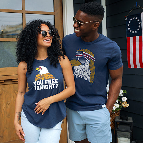 shop patriotic - models wearing women's are you free tonight tank top and men's epic eagle tee