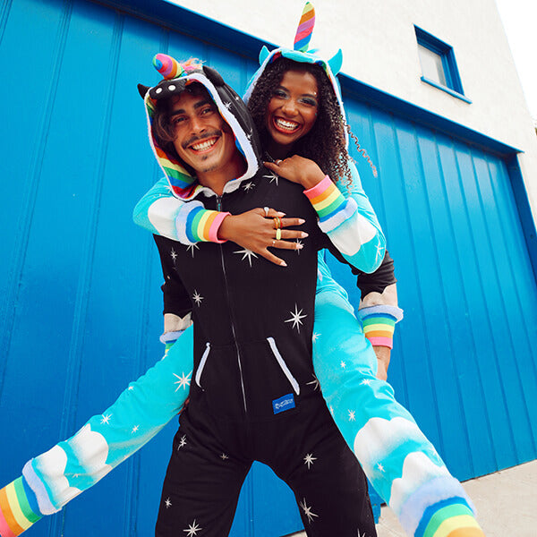 shop couples costumes - models wearing men's night mare unicorn costume and women's unicorn costume