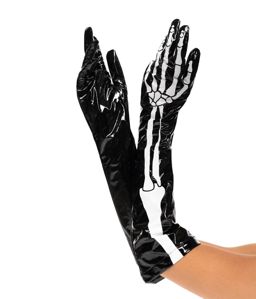 Women's Long Pleather Skeleton Gloves