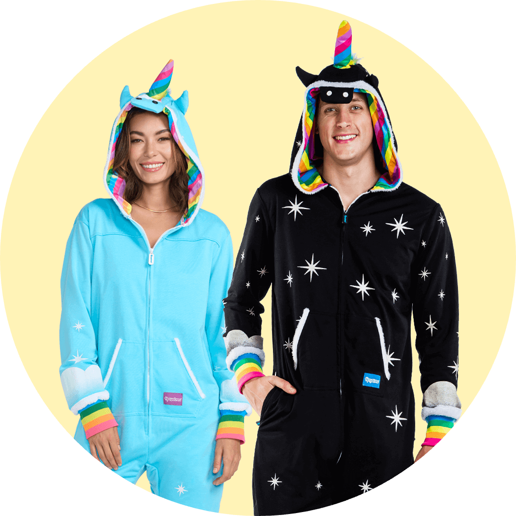 shop couples costumes - image of models wearing womens unicorn costume and mens nightmare unicorn costume