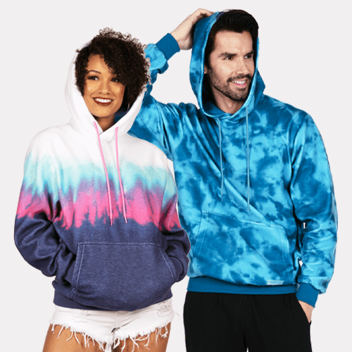 shop fleece hoodies - image of woman wearing On the Horizon Fleece Hoodie and man wearing Deep Blue Fleece Hoodie