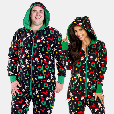shop couples onesies - image of man and woman wearing cookie cutter jumpsuit