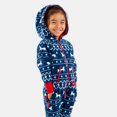 shop kids and babies - image of girl wearing blue reindeer jumpsuit