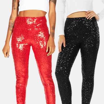 shop leggings - image of high waisted red sequin leggings and high waisted black sequin leggings