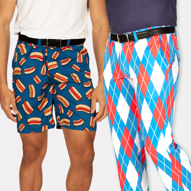 shop golf bottoms - men's hot dog golf shorts and men's American argyle golf pants