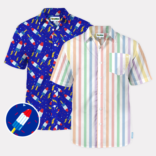 shop men's button downs - image of men's grand finale button down shirt and vintage rainbow button down shirt