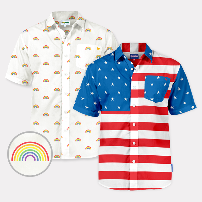 shop button down shirts - white rainbow and men's American flag button down shirts