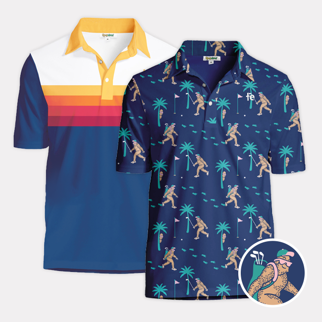 shop mens golf polos - image of men's slice of sunset golf polo and men's bigfoot bogey golf polo