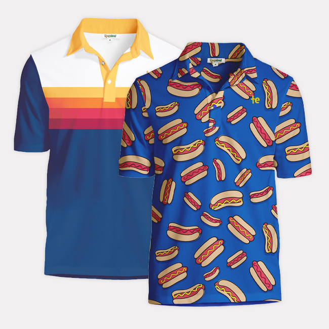 shop polo shirts - men's sunset slice and men's hot dog golf polo shirts
