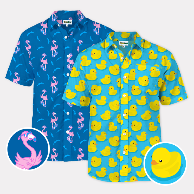 shop men's hawaiian shirts - image of men's board of paradise hawaiian shirt and men's rubber ducky hawaiian shirt