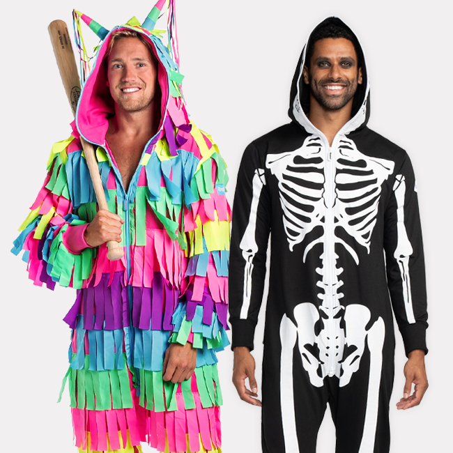 shop men's oneises - image of models wearing men's pinata costume and men's skeleton costume