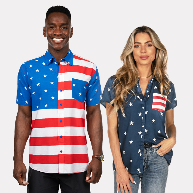 shop button downs - models wearing women's classic flag and men's American flag button down shirts