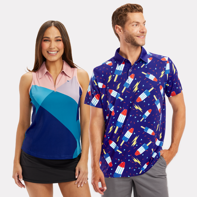 shop polo shirts - models wearing women's birdie little secrets and men's grand finale golf polo shirts