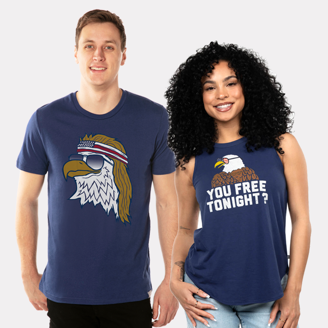 shop graphic tees - image of models wearing men's epic eagle tee and women's you free tonight tank top 