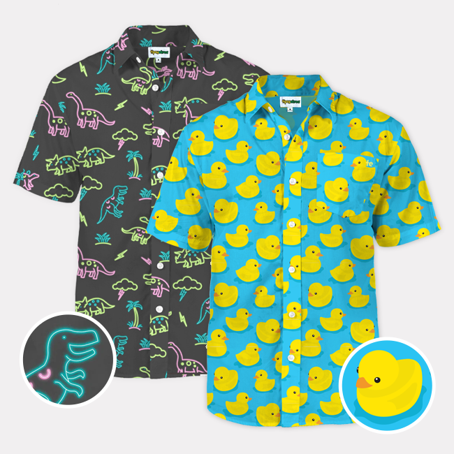 shop hawaiian shirts - image of men's rubber ducky hawaiian shirt and men's neon dinosaur hawaiian shirt 