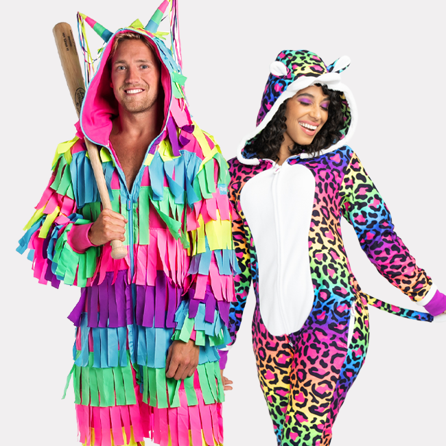 shop onesies - models wearing men's pinata costume and women's 90's leopard costume