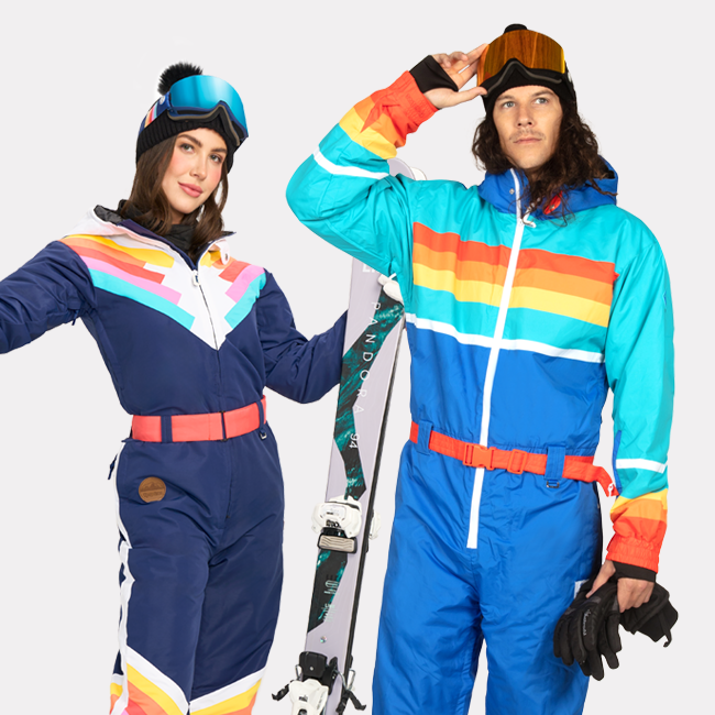 shop ski and snow suits - models wearing Santa Fe shredder snow suit and men's rise 'n ride snow suit