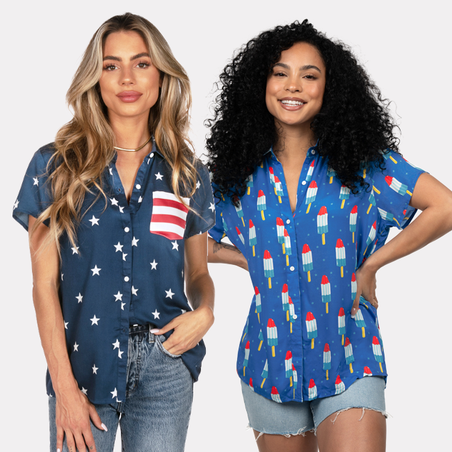 shop women's button downs - image of models wearing women's classic flag button down shirt and women's grand finale button down shirt