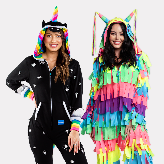 shop women's onesies - image of models wearing women's nightmare unicorn costume and women's pinata costume