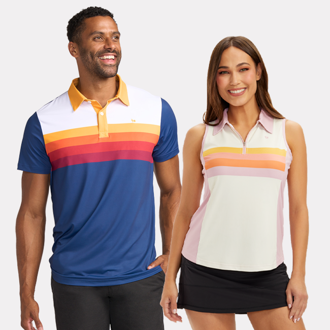 man wearing slice of sunset golf polo and woman wearing slice of sunset golf polo