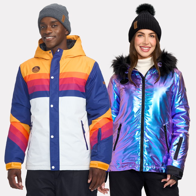 man and woman swearing snow jackets - shop snow jackets