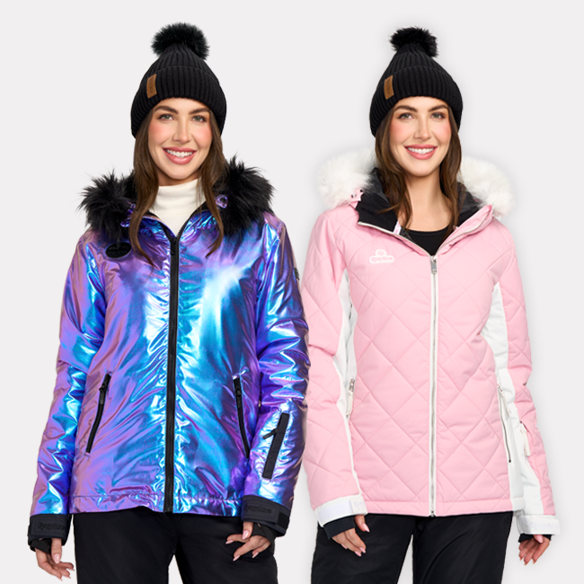 shop snow jackets - image of models wearing women's iridescent iris snow jacket and women's pink powder snow jacket 