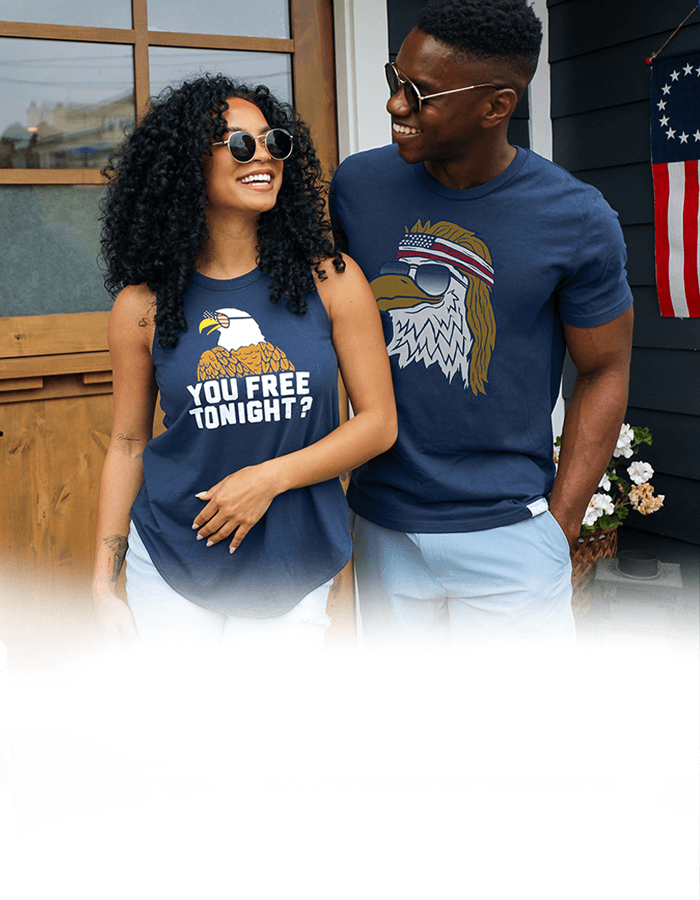 shop patriotic - models wearing men's epic eagle tee and women's you free tonight tank top