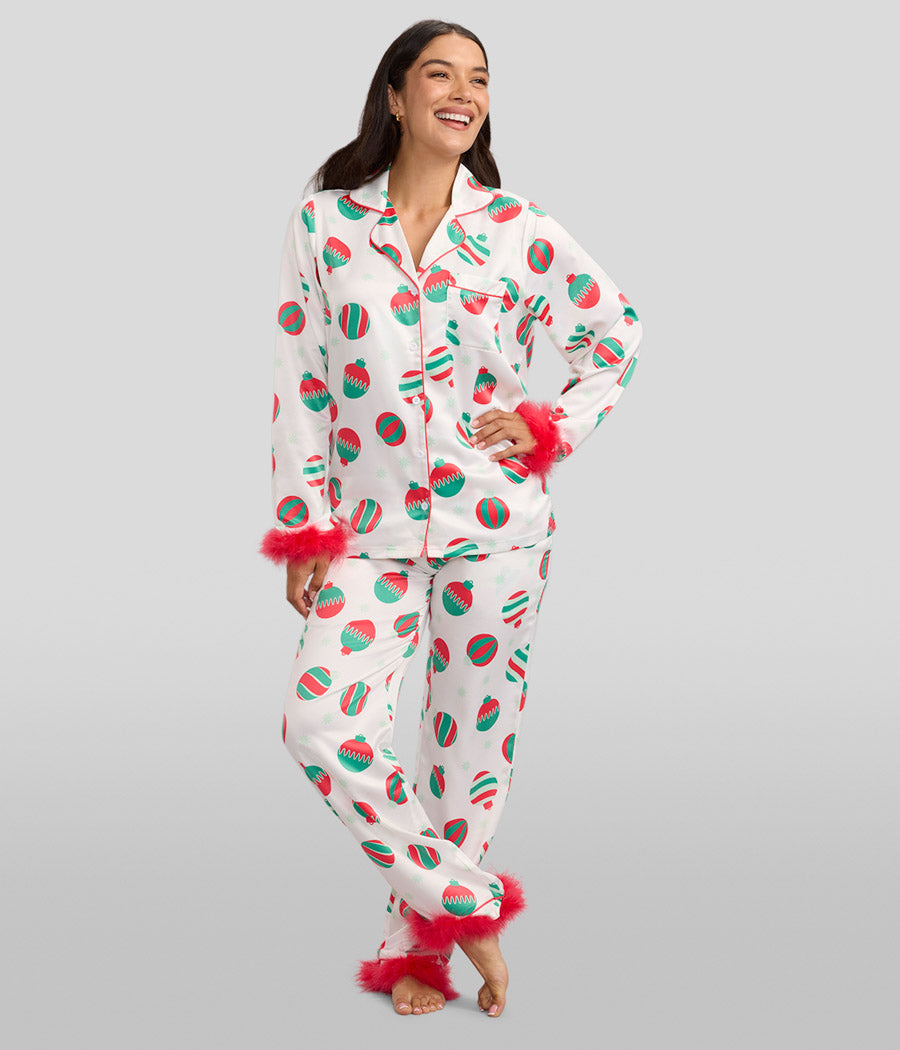 Women's Elegant Ornaments Satin Feather Pajama Set | Women's Cozy Festive Holiday Christmas Onesie | White | L