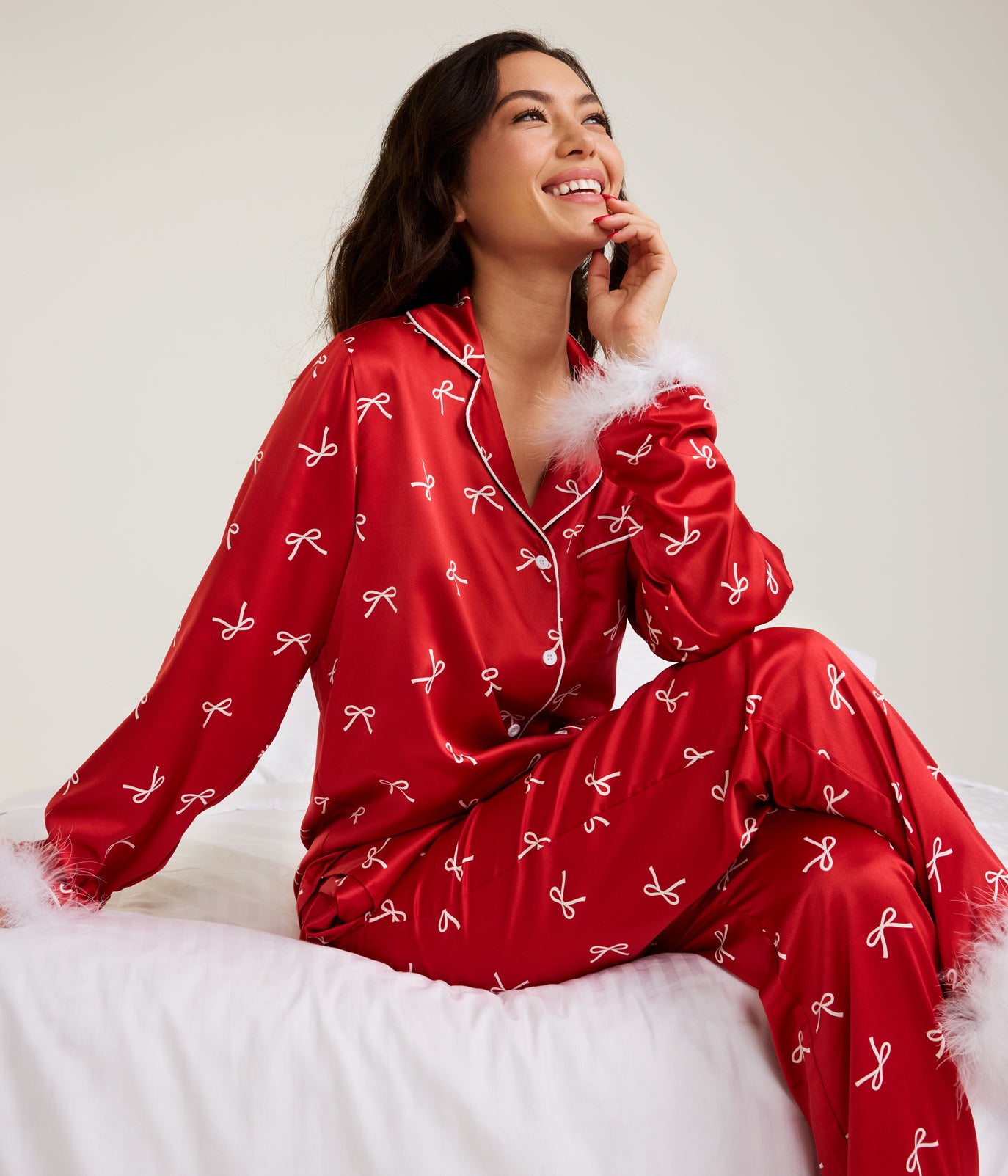 Women's Christmas Bow Satin Feather Pajama Set | Fun Holiday-Themed Pajamas | High Strength & Durable Material | Red | Tipsy Elves Women's Christmas Bow Satin Feather Pajama Set | Fun Holiday-Themed Pajamas | High Strength & Durable Material | Red | Tipsy Elves