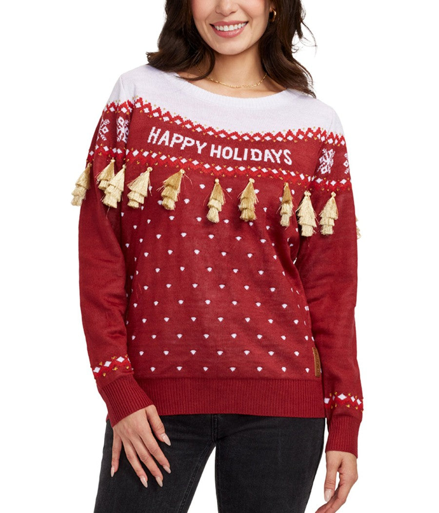 Happy Holidays Tassel Ugly Christmas Sweater: Women's Christmas