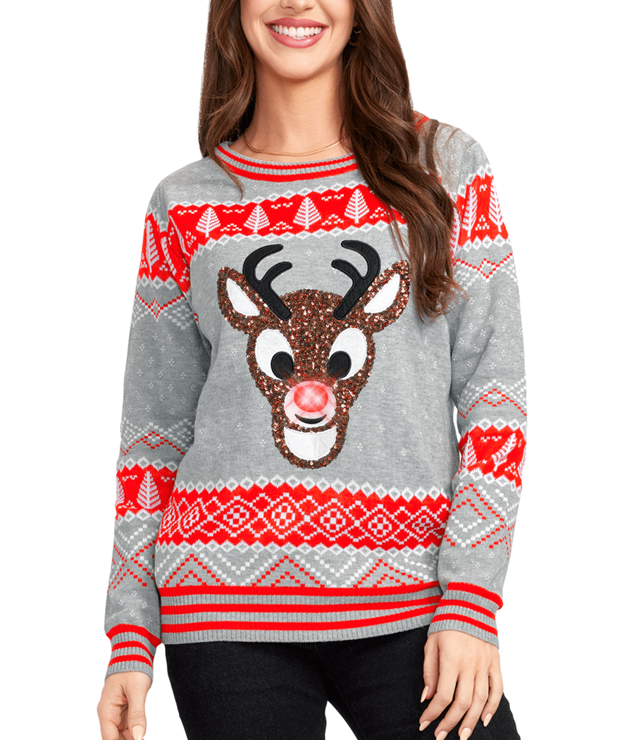 Women's Sequin Rudolph Light Up Ugly Christmas Sweater Image 3