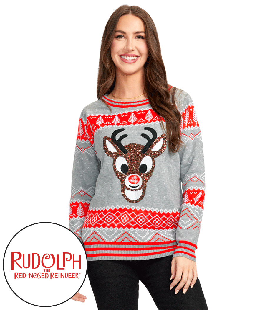 Sequin Rudolph Light Up Ugly Christmas Sweater Women s Christmas Outfits Tipsy Elves