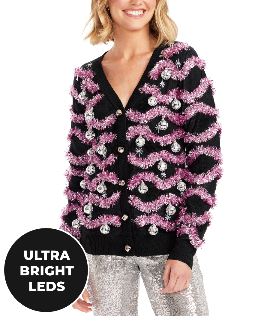 Women s Deck The Disco Balls Light Up Cardigan Sweater Tipsy Elves