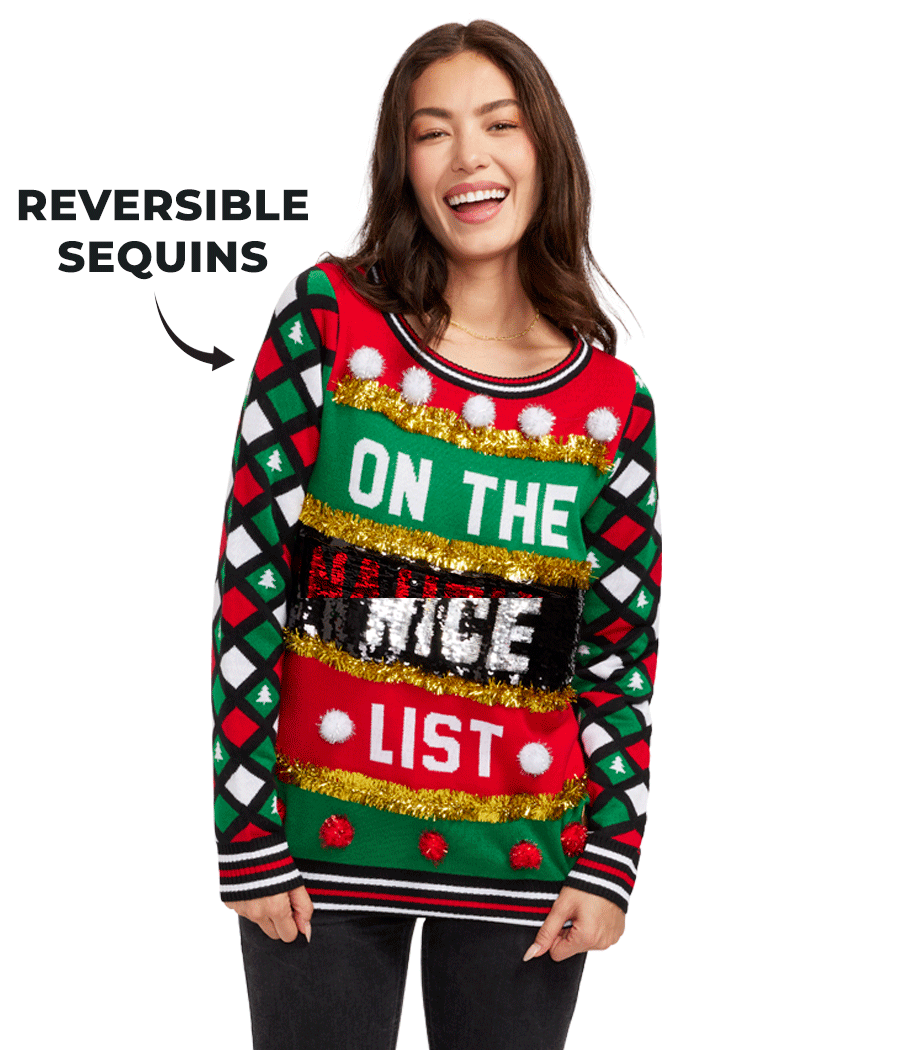 Tipsy Elves Women s Naughty or Nice Reversible Sequin Ugly Christmas Sweater Funny Ugly Christmas Sweater 1x