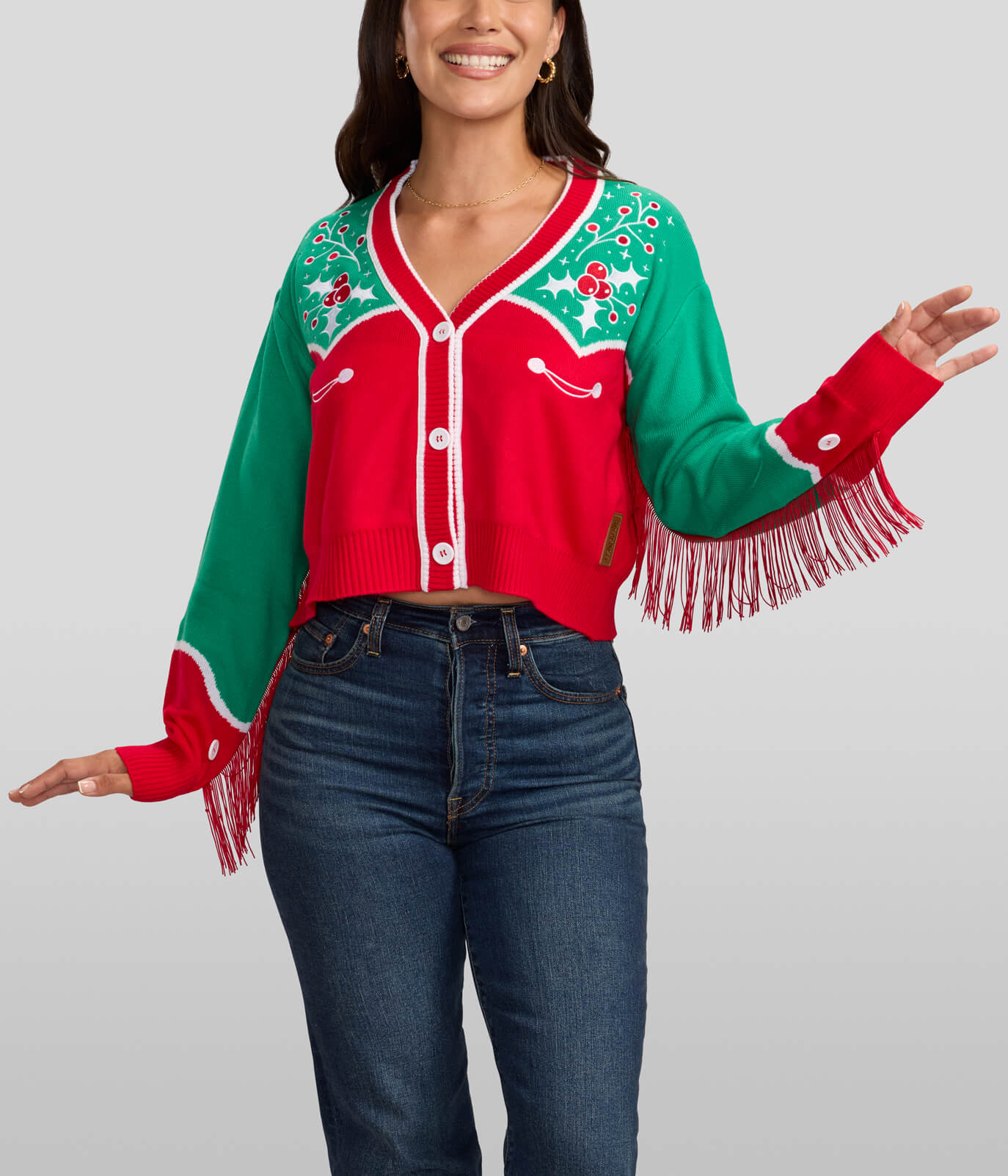 Tipsy Elves Women's Christmas Cowgirl Cropped V-Neck Cardigan