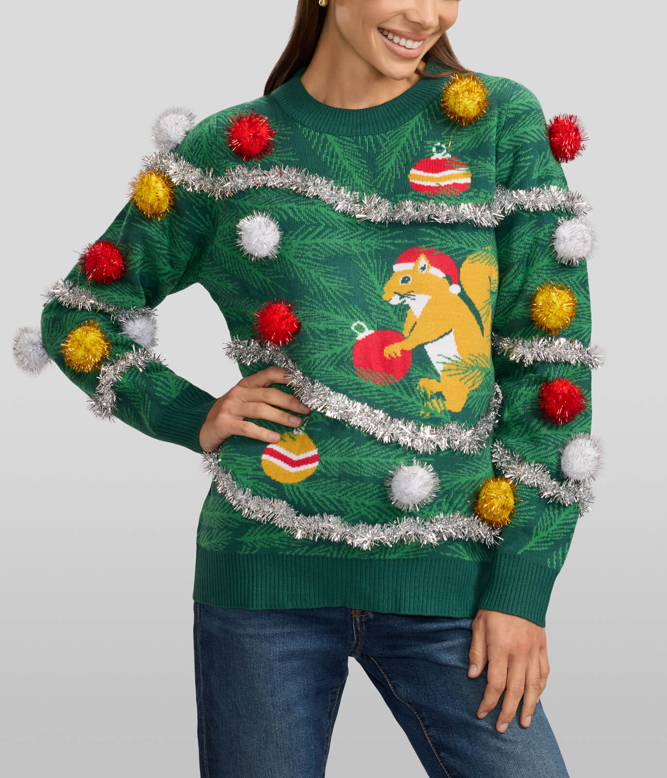 ugly christmas sweater dress up Women's Squirrelin' Around | Women's Cozy Ugly Christmas Holiday Sweater | Green | XS Short Sleeve Wrap Front family gatherings Color:white bengaline OCT25WK1