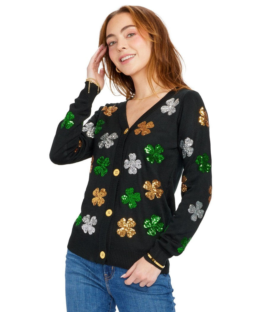 Women's Sequin Clover Cardigan Sweater Image 3