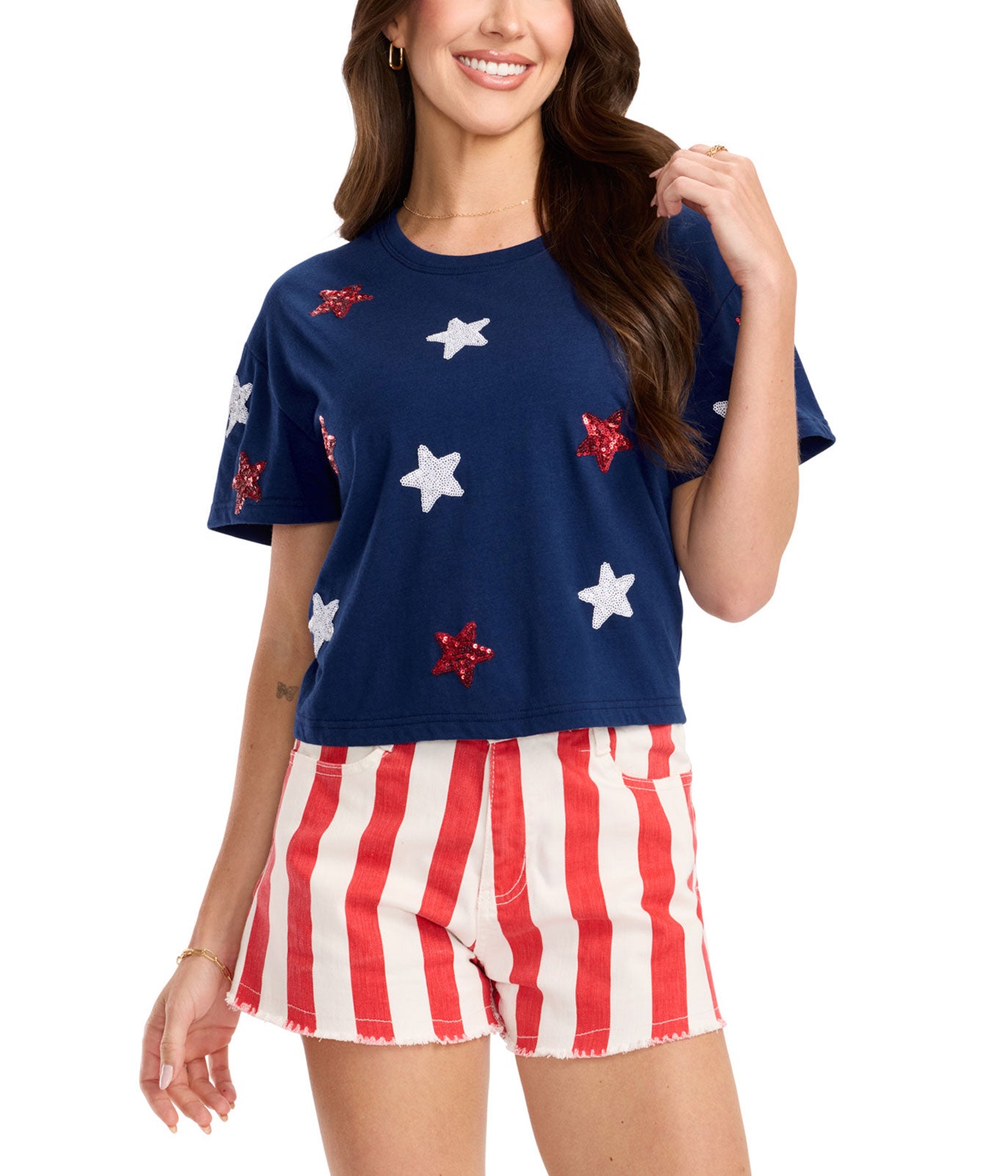 Women's Navy Stars of Summer Sequin Cropped Tee