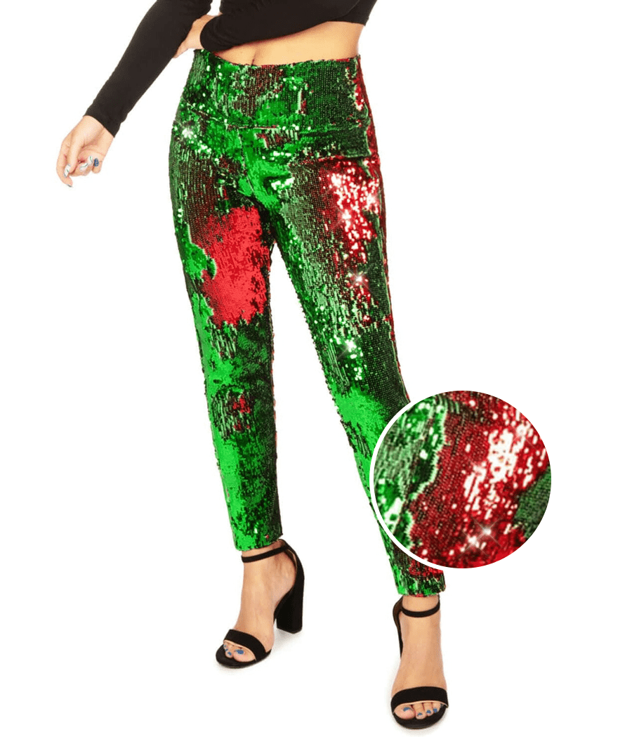 Red and Green Reversible Sequin Leggings Women s Christmas Outfits Tipsy Elves
