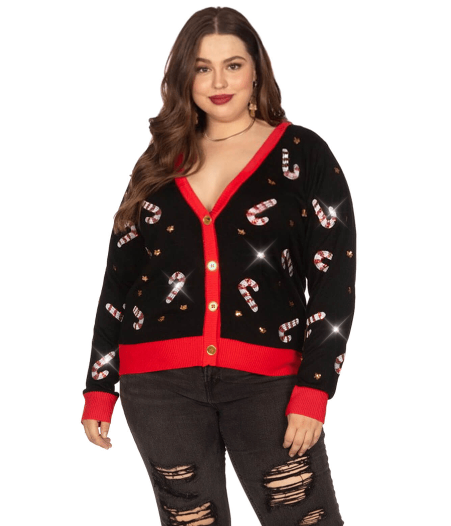 Women's Sequin Candy Cane Plus Size Cardigan Sweater