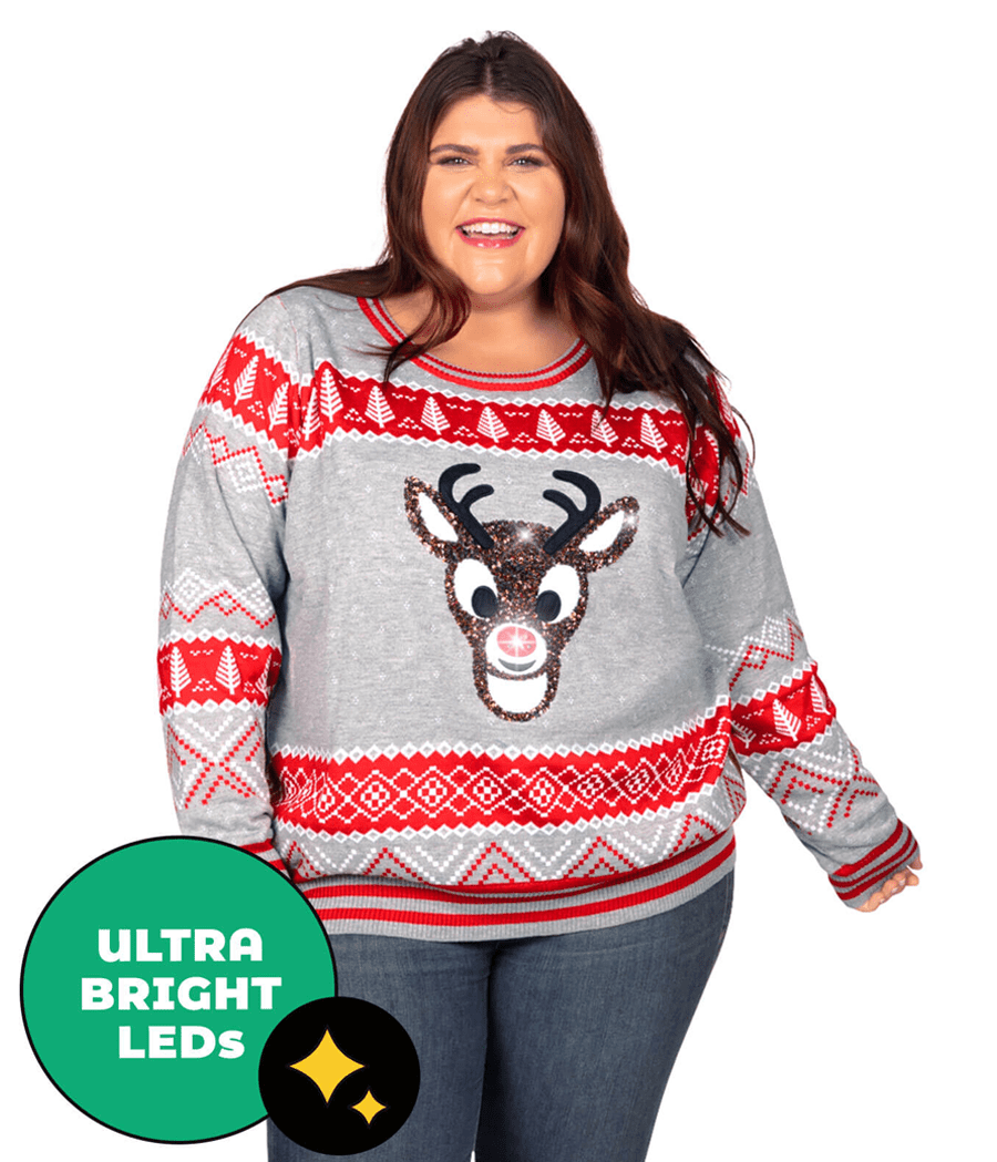 Women's Sequin Rudolph Light Up Plus Size Ugly Christmas Sweater