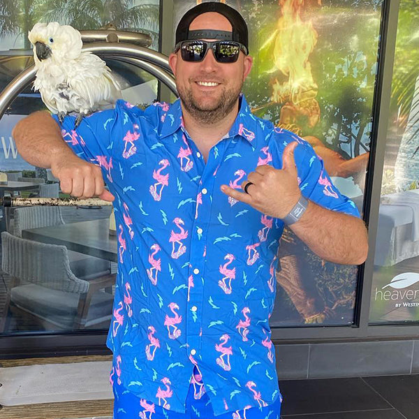 image of customer wearing our men's board of paradise hawaiian shirt 