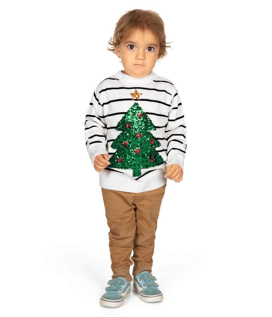 Toddler Boy's White Striped Tree Sweater