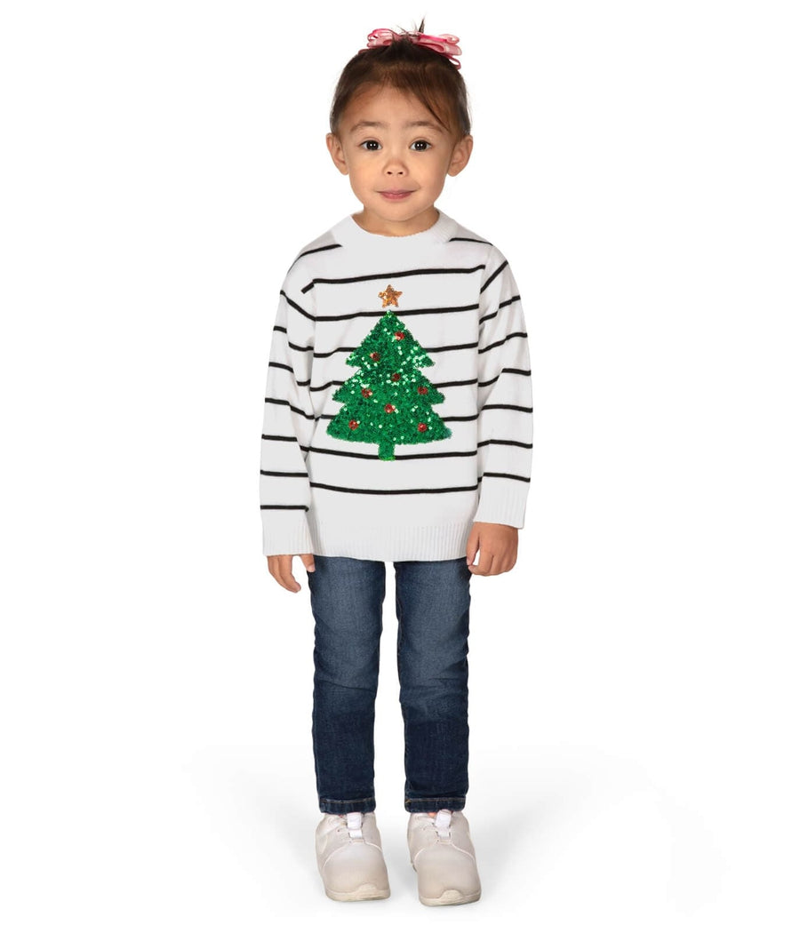 Toddler Girl's White Striped Tree Sweater