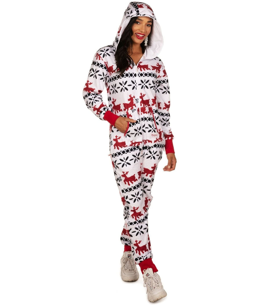 Women's Red and White Reindeer Jumpsuit Image 2
