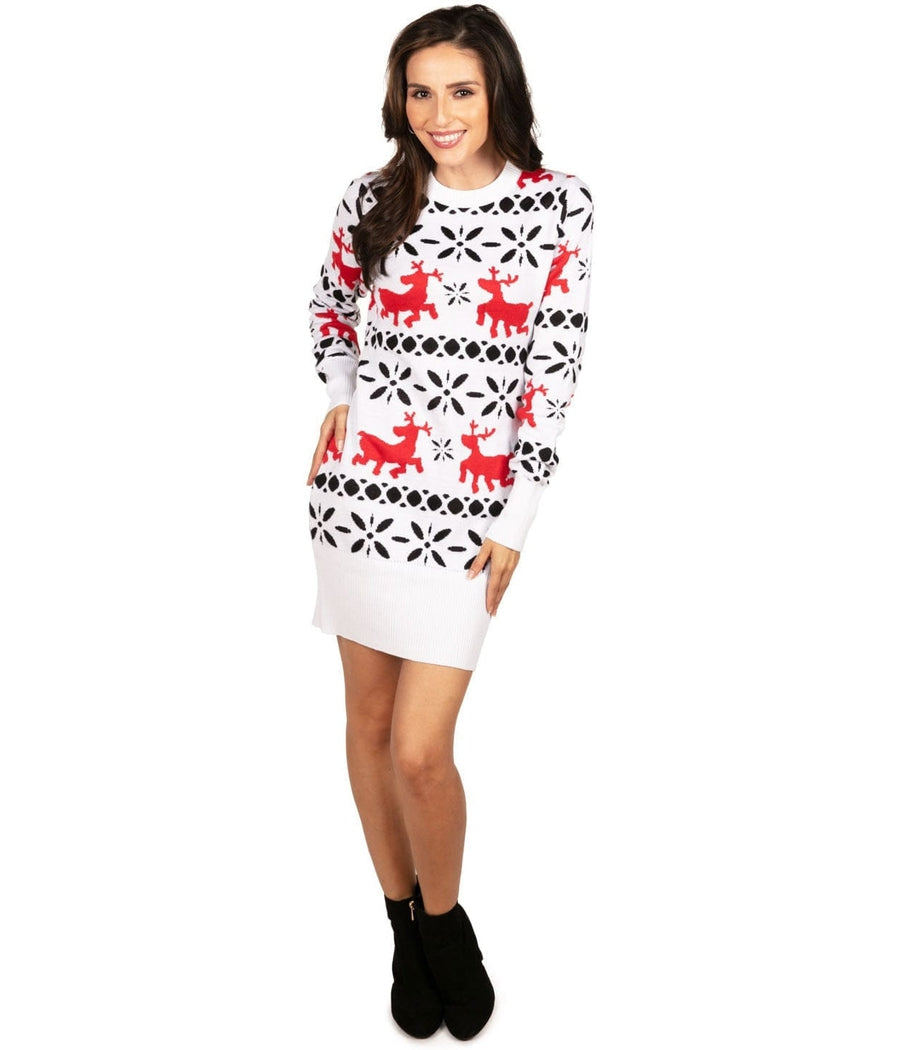 Women's Red and White Reindeer Sweater Dress