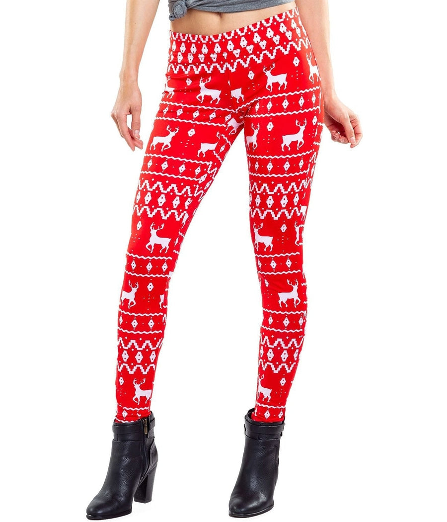 New Mix Leggings One Size Red White Reindeer Sweater Print