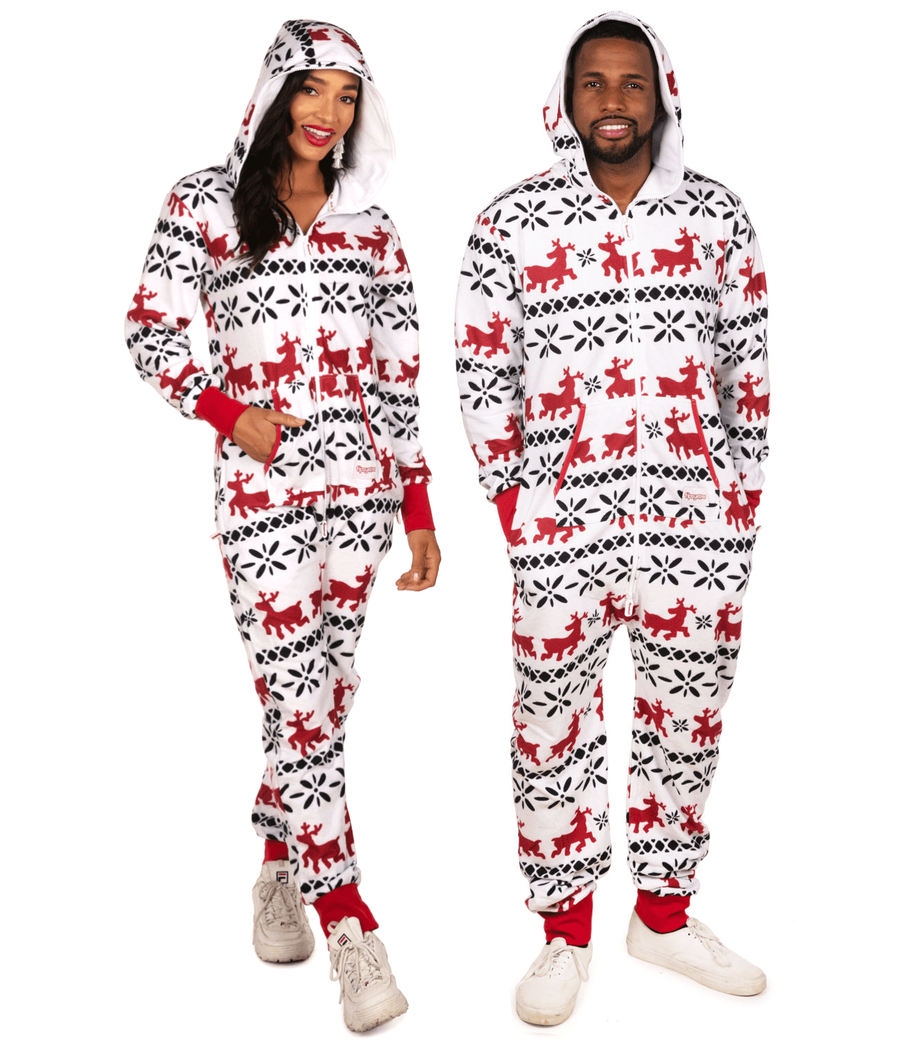 Matching Red and White Reindeer Couples Jumpsuits